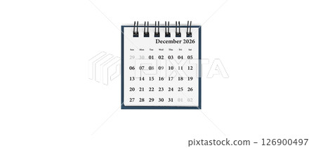 Desktop calendar for December 2026 in white colour. Mini planner for business and finance, spiral view on isolated white background Desktop calendar for December 2026 in white colour. Mini planner for business and finance, spiral view on isolated white background 126900497
