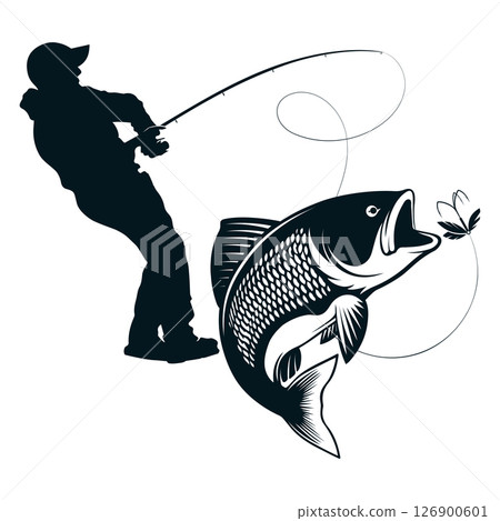 Fisherman silhouette catching fish, design for fishing Fisherman silhouette catching fish, design for fishing 126900601