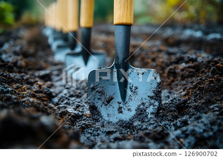 Garden Shovels in Freshly Tilled Soil for Spring Planting Generative AI 126900702