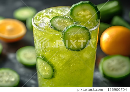 Refreshing Cucumber Citrus Drink for Summer, with Ice and Fresh Slices Generative AI 126900704