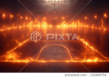Intense Basketball Court on Fire with Dramatic Lighting for Sports Design Generative AI 126900758