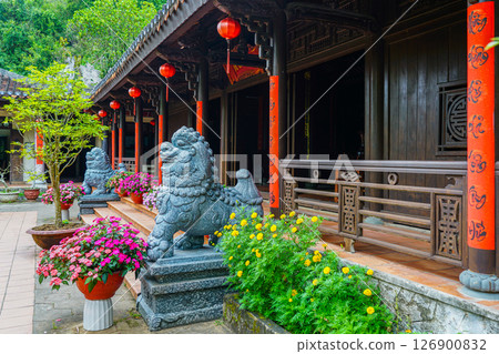 Traditional Asian temple courtyard with stone guardian lions, red lanterns and floral displays 126900832
