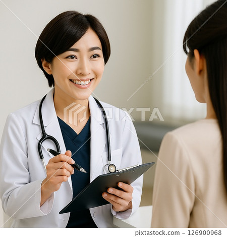 醫院裡一位女醫師講解的肖像（日文、白大褂、聽診器、微笑） 126900968