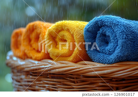Colorful Rolled Towels in a Wicker Basket with Raindrops - Vibrant Home Decor Inspiration Generative AI 126901017