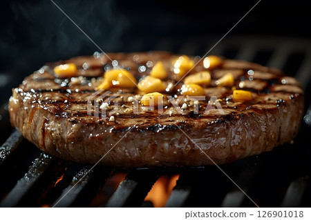Grilled Gourmet Steak with Garlic and Pepper on a Flaming Barbecue for Culinary Enthusiasts Generative AI 126901018