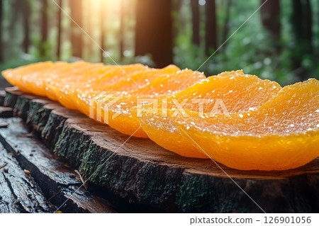 Fresh Orange Slices on Rustic Wood in Sunlit Forest Setting Generative AI 126901056
