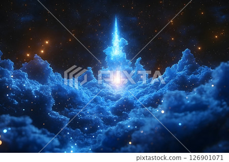 Celestial Fantasy Scene with Glowing Blue Clouds and Starry Sky for Sci-Fi Illustration Generative AI 126901071