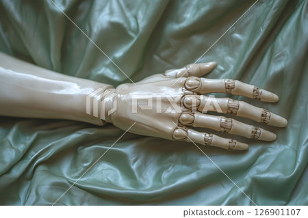 Futuristic Robotic Hand Resting on Soft Green Fabric - Innovation and Technology Concept Generative AI 126901107
