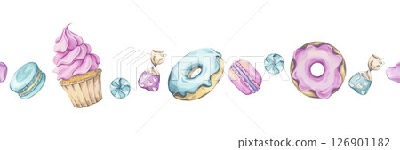 Watercolor sweets seamless border. Cupcakes, donuts, macarons, and candies in pink and turquoise colors. Hand-painted illustration. Ideal for kids parties and baby showers decor, bakery decoration 126901182