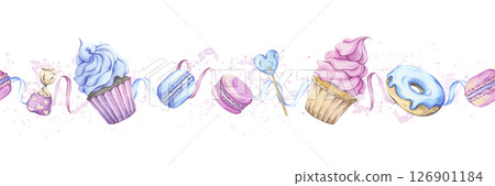 Seamless border with sweets. Festive watercolor illustration. Cupcakes, macarons, donuts, and ribbons in pastel pink and blue. Great for kids party decor, baby showers, and sweet gift packaging Seamless border with sweets. Festive watercolor illustration. Cupcakes, macarons, donuts, and ribbons in pastel pink and blue. Great for kids party decor, baby showers, and sweet gift packaging 126901184