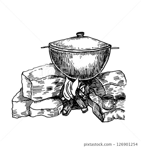 Hand drawn black white vector illustration of a cast iron pot over campfire. Cauldron with lid standing on stones, burning logs drawing. Rustic outdoor cooking sketch for camping, bushcraft prints. 126901254