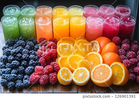 Colorful Assortment of Fresh Juices and Fruits for Vibrant Healthy Living Generative AI 126901391