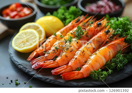 Gourmet Seafood Delight with Grilled Shrimp, Fresh Herbs, and Lemon Garnish for Culinary Inspiration Generative AI 126901392