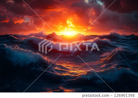 Dramatic Ocean Sunset with Fiery Clouds and Turbulent Waves for Nature Photography Generative AI 126901398