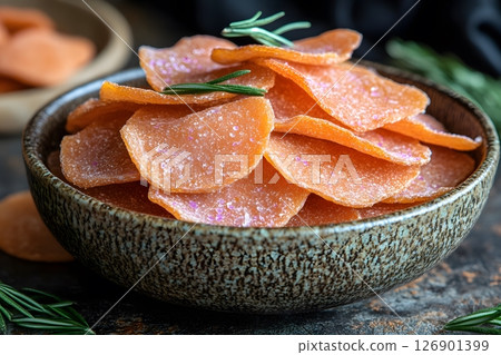 Gourmet Sweet Potato Chips with Sea Salt and Rosemary in Rustic Bowl Generative AI 126901399