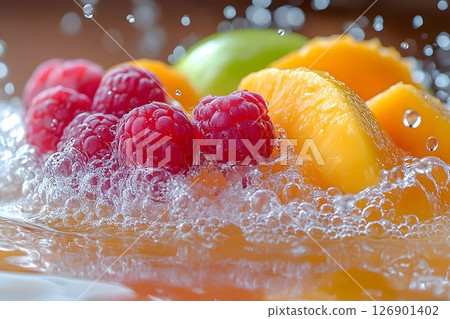 Fresh Summer Vibes with Raspberries and Mango in a Refreshing Splash Generative AI Fresh Summer Vibes with Raspberries and Mango in a Refreshing Splash Generative AI 126901402