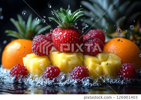 Fresh Tropical Fruit Splash with Strawberries and Pineapples for Vibrant Summer Refreshment Generative AI Fresh Tropical Fruit Splash with Strawberries and Pineapples for Vibrant Summer Refreshment Generative AI 126901403