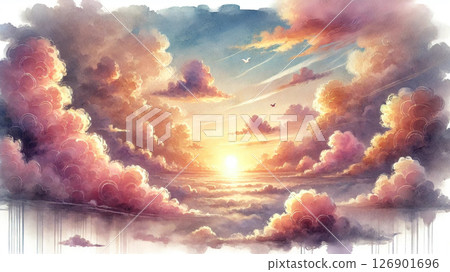 Watercolor illustration of a sunset shining through the clouds 126901696