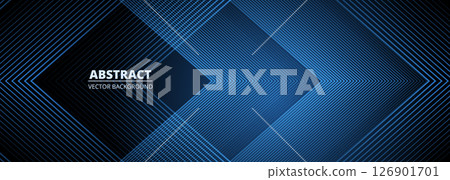 Dark blue abstract wide banner with glowing rhombus geometric stripes. Futuristic technology concept background design. 126901701