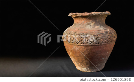 無釉陶器與黑色背景的靜物構圖/表現古代陶器的歷史圖像資料 126901898