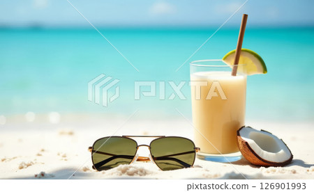 Refreshing coconut smoothie and sunglasses on tropical beach sand. Vacation, summer and relaxation. 126901993