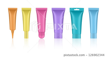 Set of multicolored cosmetic tubes. Orange, yellow, pink, purple and blue. Blank tubes with caps. Realistic mockup. Long nozzle tube for ointment or salve. Gel serum. Korean packaging. Lip gloss Set of multicolored cosmetic tubes. Orange, yellow, pink, purple and blue. Blank tubes with caps. Realistic mockup. Long nozzle tube for ointment or salve. Gel serum. Korean packaging. Lip gloss 126902344