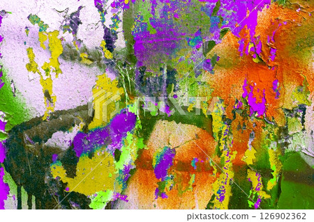 Abstract Neon Paint Splatter in Green, Purple, Pink for Vibrant 80s Aesthetic 126902362