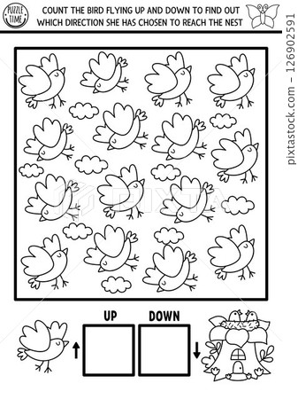 Fairyland, forest nature logic game with up, down concept for kids. Black and white I spy searching, counting activity with bird, nest. Printable space orientation worksheet, puzzle, coloring page 126902591