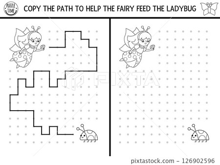 Fairyland black and white drawing, writing, tracing, space orientation activity for kids with fairy bug. Draw lines in box. Preschool woodland fantasy printable game, puzzle, coloring page 126902596