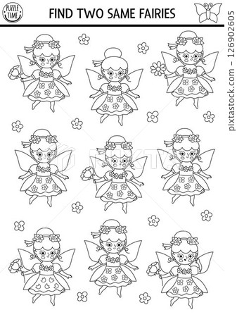 Find two same flower fairies. Fairyland black and white matching activity, coloring page. Magic garden or forest educational quiz worksheet for kids. Printable game with cute girl Find two same flower fairies. Fairyland black and white matching activity, coloring page. Magic garden or forest educational quiz worksheet for kids. Printable game with cute girl 126902605