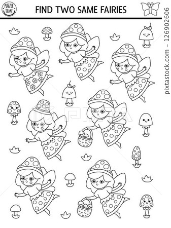 Find two same mushroom fairies. Fairyland black and white matching activity, coloring page for children. Magic garden or forest educational quiz worksheet for kids. Printable game with cute girl Find two same mushroom fairies. Fairyland black and white matching activity, coloring page for children. Magic garden or forest educational quiz worksheet for kids. Printable game with cute girl 126902606