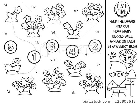 Match the numbers black and white fairyland game with dwarf counting flowers and strawberries. Woodland fairy garden math activity, coloring page for kids. Fairytale counting worksheet 126902615