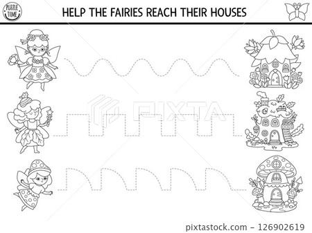 Vector black and white handwriting practice worksheet with woodland fairies in forest going to their houses. Printable activity, coloring page for kids with girls. Fairyland fantasy tracing game 126902619