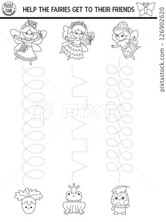 Vector black and white handwriting practice worksheet with woodland fairies, friends. Printable activity, coloring page for kids with girls. Fairyland tracing game with berry, frog, mushroom 126902620