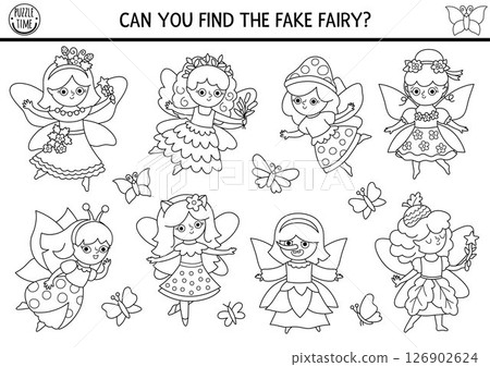 Spot fake fairy. Fairyland black and white find odd one out worksheet. Fairytale logical activity for kids with cute girls and disguising witch. Magic fantasy coloring page, worksheet. Printable game 126902624