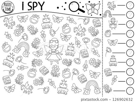 Fairyland black and white I spy game for kids. Searching and counting activity with flower fairy, wand, rainbow, dragon, spell book. Fairytale printable worksheet. Fantasy coloring page, puzzle 126902632