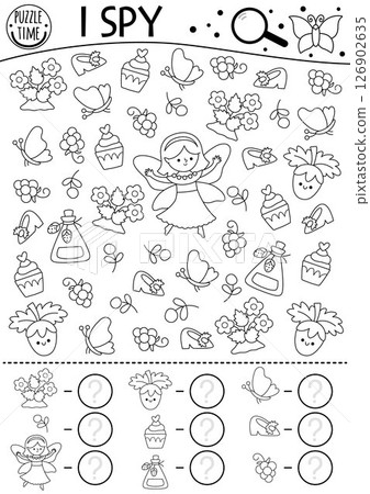 Fairyland black and white I spy game for kids. Searching and counting activity with berry fairy, strawberry, shoe, cupcake. Fairytale printable worksheet. Fantasy coloring page, puzzle Fairyland black and white I spy game for kids. Searching and counting activity with berry fairy, strawberry, shoe, cupcake. Fairytale printable worksheet. Fantasy coloring page, puzzle 126902635