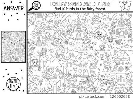 Vector fairyland black and white searching game with enchanted forest landscape, house, fairy, garden. Spot hidden birds coloring page. Fairytale seek and find educational printable activity Vector fairyland black and white searching game with enchanted forest landscape, house, fairy, garden. Spot hidden birds coloring page. Fairytale seek and find educational printable activity 126902638