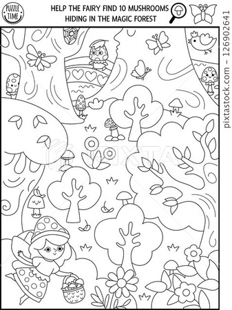 Vector fairyland black and white searching game with enchanted forest landscape, fairy, basket. Spot hidden mushroom. Fairytale seek and find educational printable activity, coloring page for kids 126902641