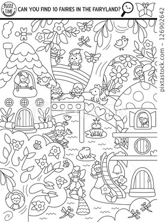 Vector fairyland black and white searching game with enchanted forest landscape, tree house, river. Spot hidden fairy. Fairytale seek and find educational printable activity, coloring page for kid Vector fairyland black and white searching game with enchanted forest landscape, tree house, river. Spot hidden fairy. Fairytale seek and find educational printable activity, coloring page for kid 126902642