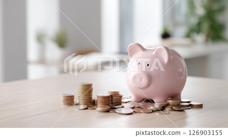 Pig money box and stacks of coins 126903155