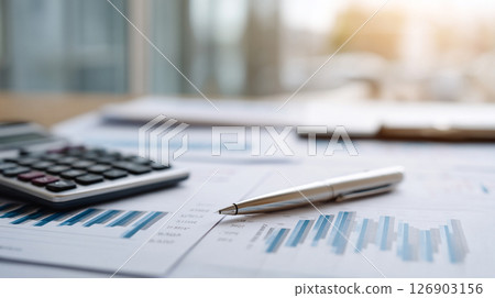 Financial documents and calculator with pen 126903156