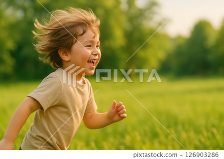 一個男孩在草地上快樂奔跑 一個男孩在草地上快樂奔跑 126903286