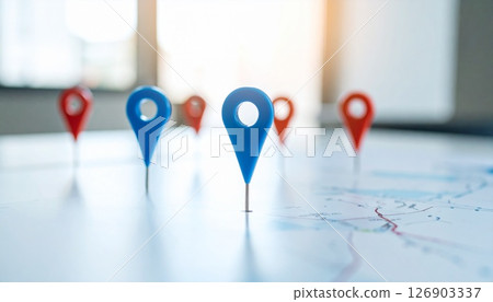 帶有紅色和藍色別針的商業地圖 帶有紅色和藍色別針的商業地圖 126903337