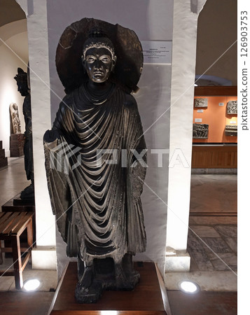 Standing Buddha statue on display at the Peshawar Museum in Pakistan, the centre of Gandhara art 126903753