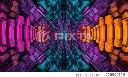Vibrant abstract digital pattern with symmetrical geometric shapes. 126904129