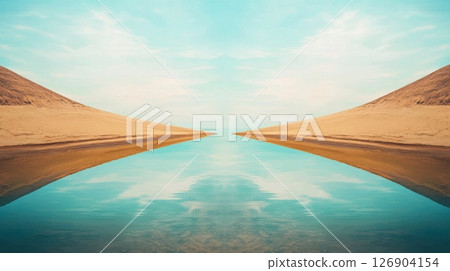 Serene landscape with water reflecting sandy hills. 126904154