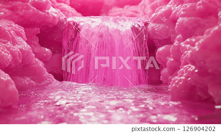Vibrant pink waterfall cascading into a colorful pool. 126904202