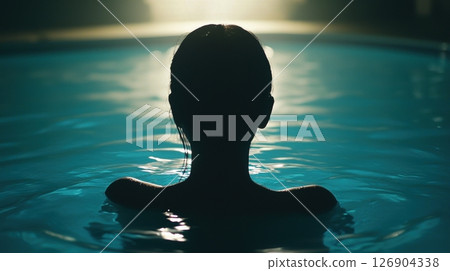 Silhouette of a person in a tranquil water setting. 126904338