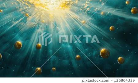 Radiant light beams with golden orbs in a serene atmosphere. 126904339